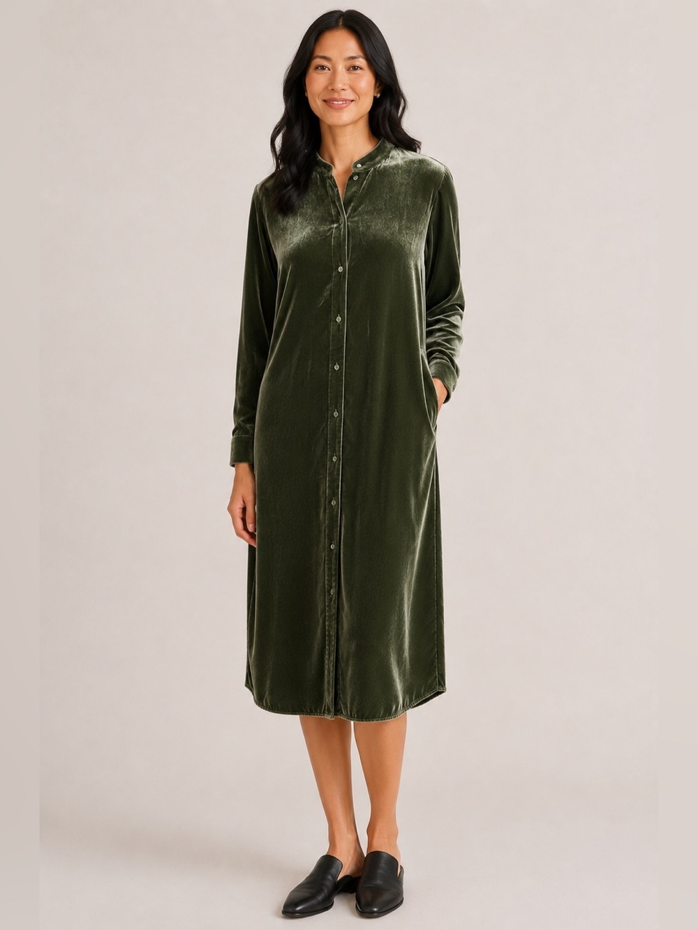 NWT Eileen Fisher Green Velvet Silk Mandarin Collar Long Shirt Dress